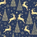 Hand drawn seamless pattern of golden decorative Christmas trees, reindeers, snowflakes, stars. Vector sketch elements. Christmas Royalty Free Stock Photo