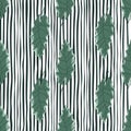 Hand drawn seamless pattern with green oak leaves in doodle style. Black and white striped background Royalty Free Stock Photo