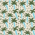 Hand drawn seamless pattern with green palm trees blue turquoise on beige background. Tropical island beach summer print Royalty Free Stock Photo