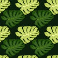 Hand drawn seamless pattern in green tones with doodle monstera shapes print. Nature artwork Royalty Free Stock Photo