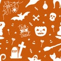 Hand Drawn Seamless Pattern For Halloween With Pumpkin, Candy, Ghost, Spider, Bat, Witch Hat, Cat, Skull, Bones.