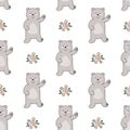 Hand drawn seamless pattern happy bear with flowers on white.