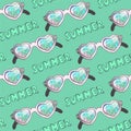 Hand drawn seamless pattern of heart sunglasses, reflection tropical palm tree. Lettering Summer. Cute colorful doodle sketch Royalty Free Stock Photo