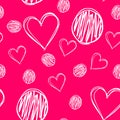 Hand drawn seamless pattern, hearts and circles, cute doodle pattern.