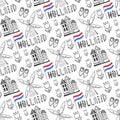 Hand drawn seamless pattern with Holland culture elements. Netherlands background for design. Vector illustration. Royalty Free Stock Photo