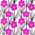 Hand drawn seamless pattern with hot pink fuchsia flowers with black leaves on white background. Floral daisy in