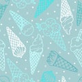 Hand drawn seamless pattern of ice cream horn, waffle cone, powder, chocolate, strawberry on blue background. Sweet Illustration Royalty Free Stock Photo