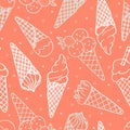 Hand drawn seamless pattern of ice cream horn, waffle cone, powder, chocolate, strawberry on orange background. Sweet Illustration Royalty Free Stock Photo