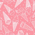 Hand drawn seamless pattern of ice cream horn, waffle cone, powder, chocolate, strawberry on a pink background. Sweet Illustration Royalty Free Stock Photo