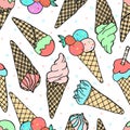 Hand drawn seamless pattern of ice cream horn, waffle cone, powder, chocolate, strawberry on a white background. Colorful sweet Royalty Free Stock Photo