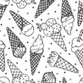 Hand drawn seamless pattern of ice cream horn, waffle cone, powder, chocolate, strawberry on white background. Sweet Illustration Royalty Free Stock Photo