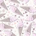 Hand drawn seamless pattern of ice cream horn, waffle cone, star, heart on white background. Summer sweet colorful Illustration Royalty Free Stock Photo