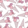 Hand drawn seamless pattern of ice cream horn, waffle cone, strawberry on white background. Summer sweet colorful Illustration for Royalty Free Stock Photo