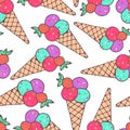 Hand drawn seamless pattern of ice cream horn, waffle cone, strawberry on a white background. Summer sweet colorful Illustration Royalty Free Stock Photo