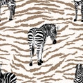 Hand drawn seamless pattern illustration with safari animals on zebra print background . Cute african zebra. Wild animal texture d Royalty Free Stock Photo