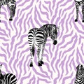 Hand drawn seamless pattern illustration with safari animals on zebra print background . Cute african zebra. Wild animal texture d Royalty Free Stock Photo