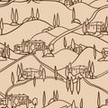 Hand drawn seamless pattern with italian tuscan tuscany landscape, house villa tree cypress. Simpleminimalist line art