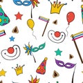 Hand drawn seamless pattern of Jewish holiday Purim: carnival masks and hats, traditional Hamantaschen cookies Royalty Free Stock Photo