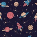 Hand drawn seamless pattern with Jupiter, Mars, Saturn, Neptune planets, moon and flying rockets