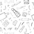 Hand drawn seamless pattern with Kitchen Utensils. Royalty Free Stock Photo