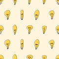 Hand drawn seamless pattern of Light Bulbs. Different loft lamps in doodle style. Idea lightbulb sign symbol pattern. Vector Royalty Free Stock Photo