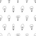 Hand drawn seamless pattern of Light Bulbs. Different loft lamps in doodle style. Idea lightbulb sign symbol pattern. Vector Royalty Free Stock Photo