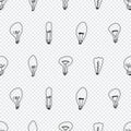 Hand drawn seamless pattern of Light Bulbs. Different loft lamps in doodle style. Idea lightbulb sign symbol pattern. Vector Royalty Free Stock Photo