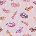 Hand drawn seamless pattern lips background. Woman lipstick, beauty illustration