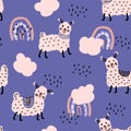 Hand drawn seamless pattern with llamas and rainbows. Perfect for T-shirt, textile and print. Doodle vector illustration