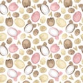 Hand-drawn seamless pattern made of Easter eggs, bird eggs and bows and hearts and cracked eggshell, Easter decorative background Royalty Free Stock Photo