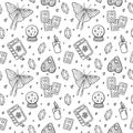 Hand drawn seamless pattern with magical occult elements. Sacred mysterious art