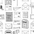 Hand drawn seamless pattern. Mail, post, letter, envelope, paper plane,mailbox cartoon Set. Vector illustration. Delivery Doodle d