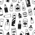 Hand drawn seamless pattern with male cosmetics. Vector illustration. Actual background with beauty products. Original doodle sty Royalty Free Stock Photo