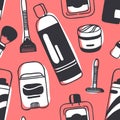 Hand drawn seamless pattern with male cosmetics. Vector illustration. Actual background with beauty products. Original doodle sty Royalty Free Stock Photo