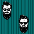 Hand drawn seamless pattern with man men male faces inblack white on striped teal green background. Masculine minimalist