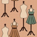 Hand drawn seamless pattern with mannequin dress clothes sewing crafts dressmaking items. Sage green brown beige polka Royalty Free Stock Photo