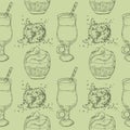 Hand-drawn seamless pattern matcha cocktails and desserts Royalty Free Stock Photo