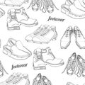 Hand drawn seamless pattern Men Footwear. Casual and sport style, gumshoes for man. Shoes for all seasons. Retro and Royalty Free Stock Photo