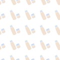 Hand drawn seamless pattern with milk in bottle and glass for wallpaper design. Royalty Free Stock Photo