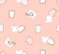 Hand drawn seamless pattern with milk drops and glasses. Light modern print for fabric, wrap paper or wallpaper.