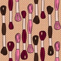 Hand drawn seamless pattern with moulinet embroidery sewing crafts dressmaking items. Pink brown beige polka dot