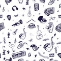 Hand drawn seamless pattern with Music Instruments in vector with guitar, rock, bass. Doodle mystical items in rough