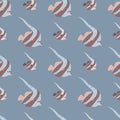 Hand drawn seamless pattern with nature aqua imperial angelfish elements. Pastel blue background