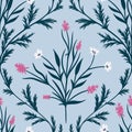 Hand drawn seamless pattern with navy leaves flowers on blue background. Damask print with pink white wildflowers Royalty Free Stock Photo