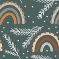 Hand drawn seamless pattern with neutral beige green boho rainbows and winter christmas snowflakes on pastel background Royalty Free Stock Photo