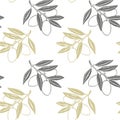 Hand drawn seamless pattern. Olive branches and fruits for Italian, Greek cuisine design, extra virgin oil food or cosmetic Royalty Free Stock Photo