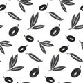 Hand drawn seamless pattern. Olive branches, leaves, fruits for Italian cuisine design, extra virgin oil food, cosmetic product Royalty Free Stock Photo
