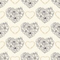 Hand drawn seamless pattern of openwork hearts of flowers and leaves. Floral Valentines day. Spring romantic ornament. Decorative Royalty Free Stock Photo