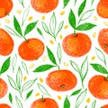 Hand drawn seamless pattern of orange fruit with texture. Food element collection. Illustration of mandarines with