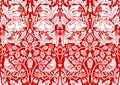 Hand drawn seamless pattern ornament with rabbit, bird and plants on red background. Vector illustration.